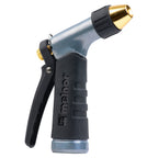 This image displays a garden hose nozzle with an ergonomic handle and a brass tip, used for watering plants.