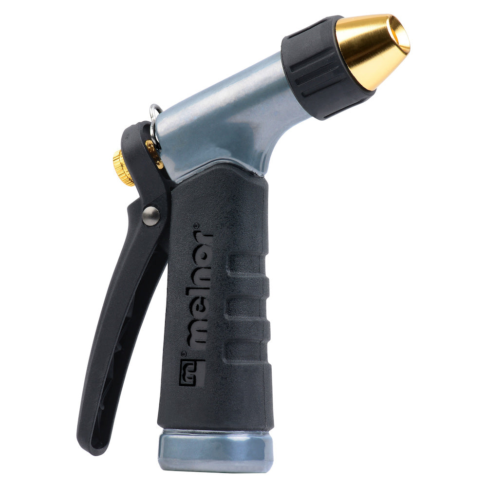 This image displays a garden hose nozzle with an ergonomic handle and a brass tip, used for watering plants.