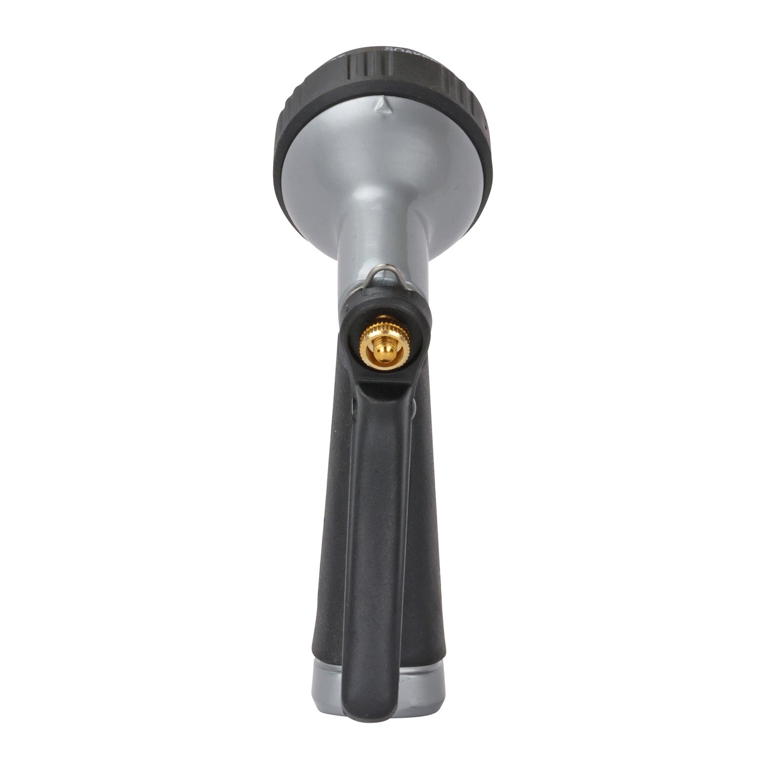 The image shows a handheld garden hose nozzle. It's a modern design with a black grip handle, an adjustable spray head, and a metallic finish.