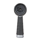 This is a handheld garden hose nozzle with a black and grey grip. It has multiple settings, adjustable at the head for different spray patterns.