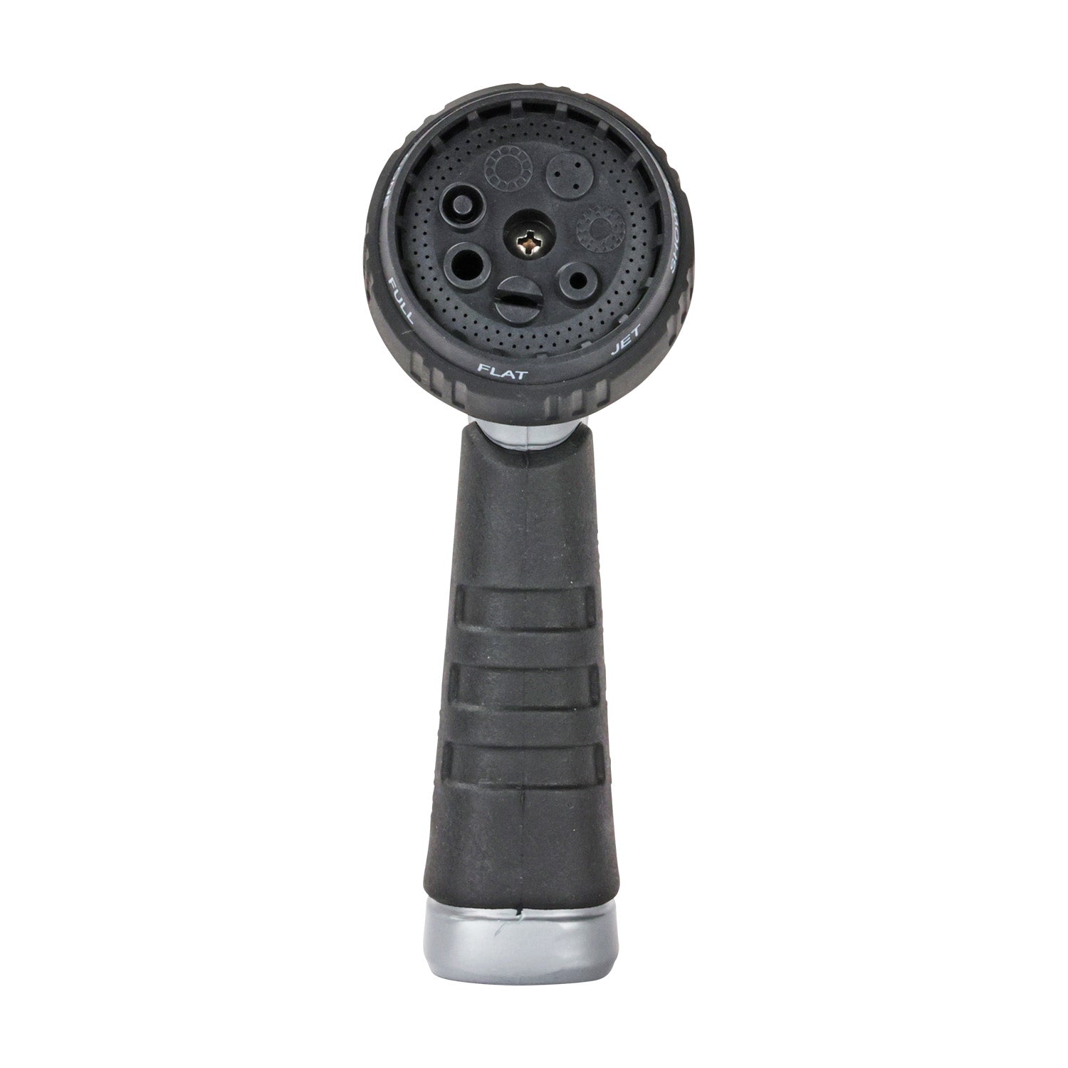 This is a handheld garden hose nozzle with a black and grey grip. It has multiple settings, adjustable at the head for different spray patterns.