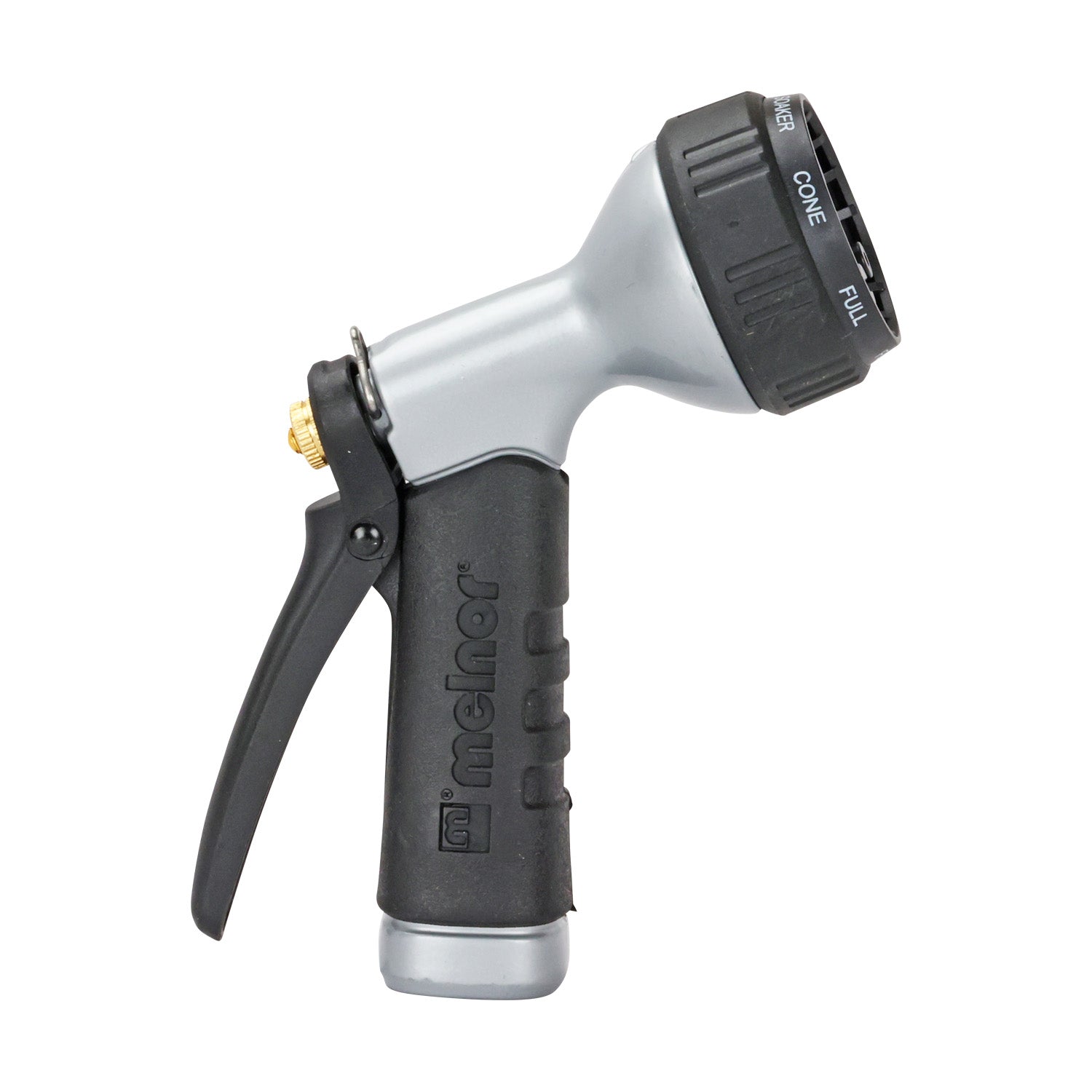 This image shows a handheld, multi-setting garden hose nozzle with a black trigger and grip, a gray body, and a brass connector.