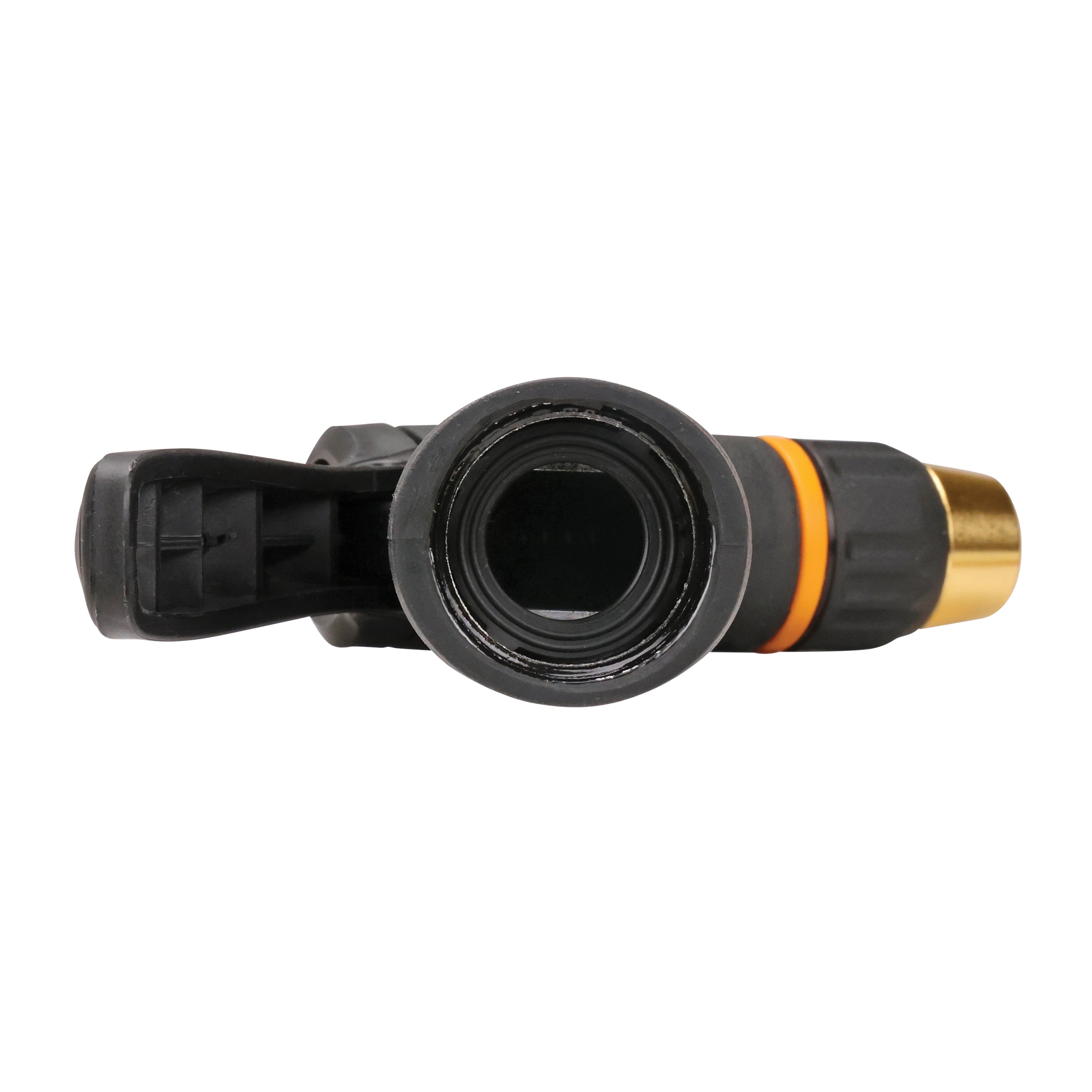 Bottom view of the Melnor XT200 Rear-Trigger Metal Adjustable Nozzle showing included rubber washer inside nozzle on white background.