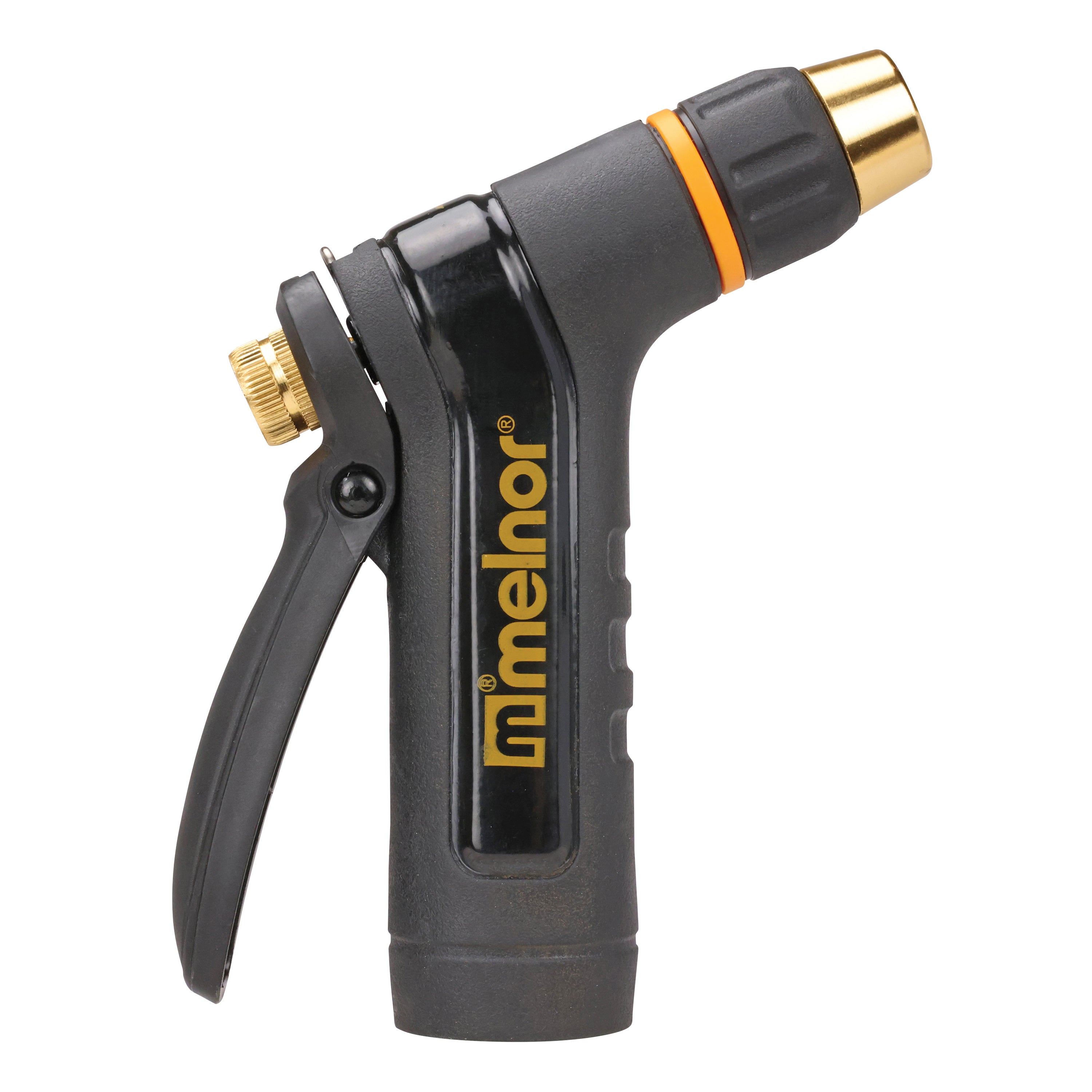 Side view of the Melnor XT200 Rear-Trigger Metal Adjustable Nozzle facing right on white background.