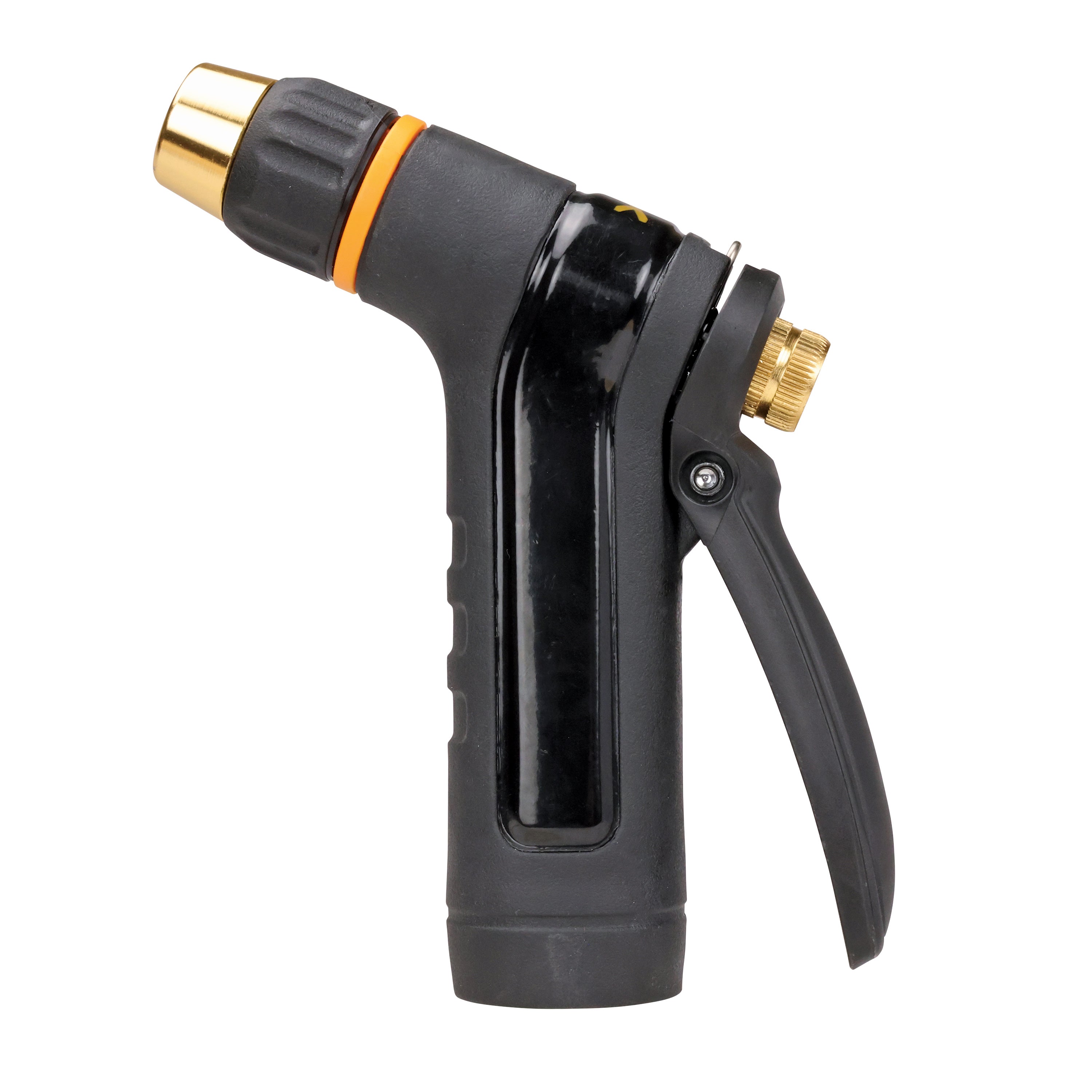 Side view of the Melnor XT200 Rear-Trigger Metal Adjustable Nozzle facing left on white background.