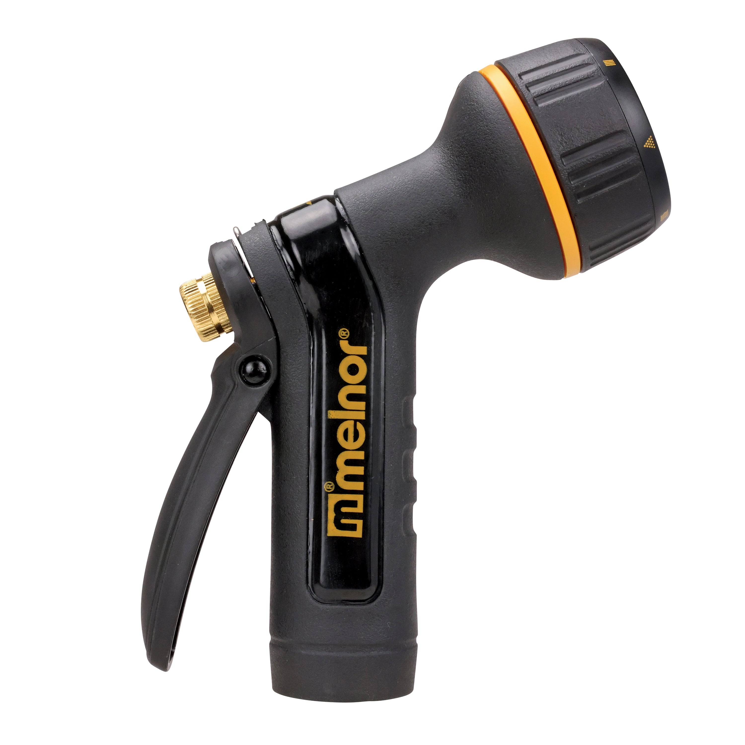 Side view of the Melnor XT201 Rear-Trigger Metal Seven Pattern Nozzle facing right on white background.