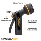 Melnor XT201 Rear-Trigger Metal Seven Pattern Nozzle calling out Seven Spray Patterns, Trigger Lock, Metal Adjustment Nut, Durable Metal Construction, and Slip-Resistant Rubberized Grip on white background.