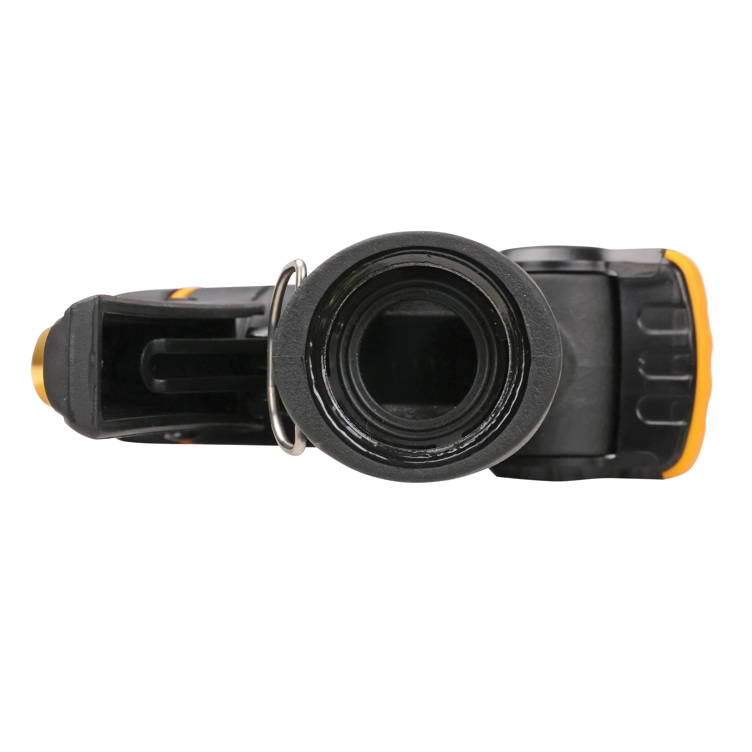 Bottom view of the Melnor XT300 Front-Trigger Metal Adjustable Nozzle with Flow Control showing included rubber washer inside nozzle on white background.