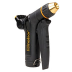 Quarter view of the Melnor XT300 Front-Trigger Metal Adjustable Nozzle with Flow Control on white background.