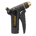 Side view of the Melnor XT300 Front-Trigger Metal Adjustable Nozzle with Flow Control facing right on white background.