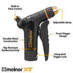 Melnor XT300 Front-Trigger Metal Adjustable Nozzle with Flow Control calling out Adjustable Spray, Integrated Trigger Lock, Built-In Flow Control, Durable Metal Construction, Front-Trigger Design, and Slip-Resistant Rubberized Grip on white background.