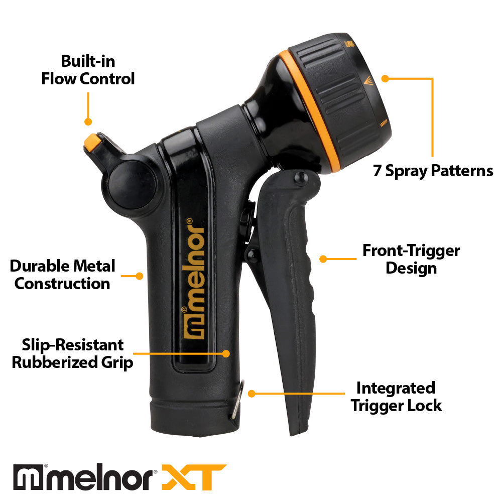 Melnor XT301 Front-Trigger Metal 8-Pattern Nozzle with features highlighted on a white background.