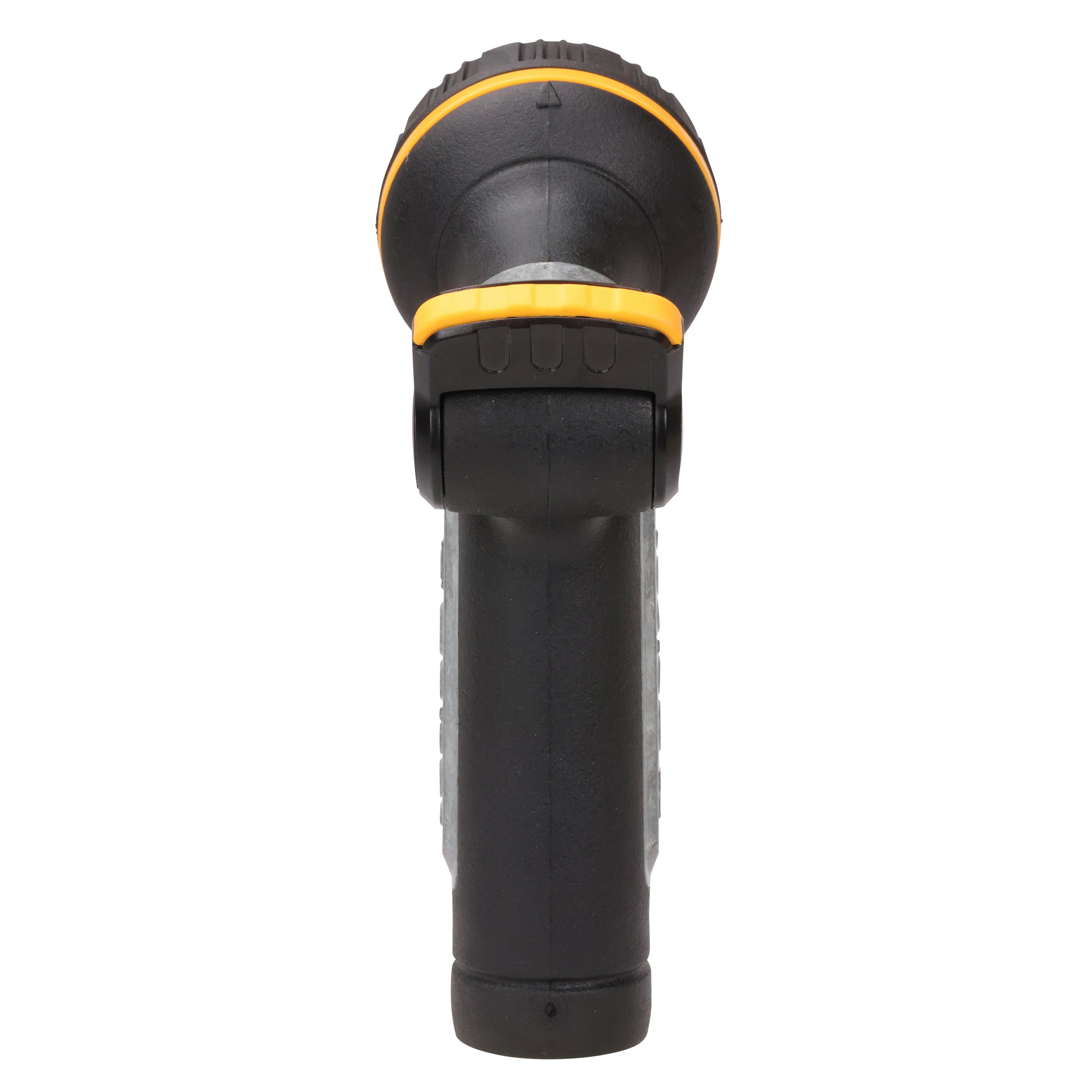 Back view of black and yellow Melnor XT452 Heavyweight 10-Pattern garden hose nozzle with thumb control