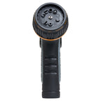 This is a black and orange garden hose nozzle with a multifunctional head. It has various settings for water spray patterns, like 'jet' and 'center'.