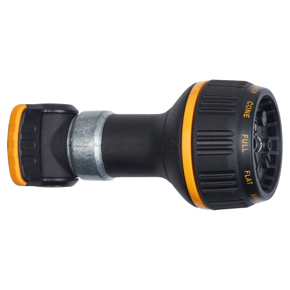 This is an image of a black and orange adjustable hose nozzle with a metallic connector. It has settings labeled "cone," "full," "flat," etc.