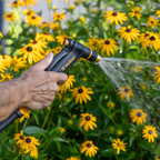 Melnor XT200 Rear Trigger Metal Adjustable Nozzle using the mist spray setting to water a Black-Eyed Susan bush of yellow flowers.