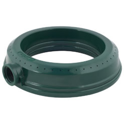This is a green, inflatable, doughnut-shaped pool toy with black nozzles, likely used for water flow or securing. It appears made of durable plastic.