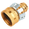 This is an image of a brass and silver-colored metal plumbing fitting with threads and a coupling nut, likely used for connecting pipes or hoses.