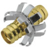 This image shows a brass and silver-colored mechanical component with multiple interlocking parts, featuring a cylindrical shape and claw-like extensions.