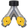 This is a Y-shaped hose splitter with two yellow valves and black levers for controlling water flow. It has silver-colored metal finishes and thread connectors.