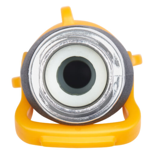 This image shows a close-up of a yellow and silver-colored object with a circular front element, resembling the nozzle part of a small device or tool.