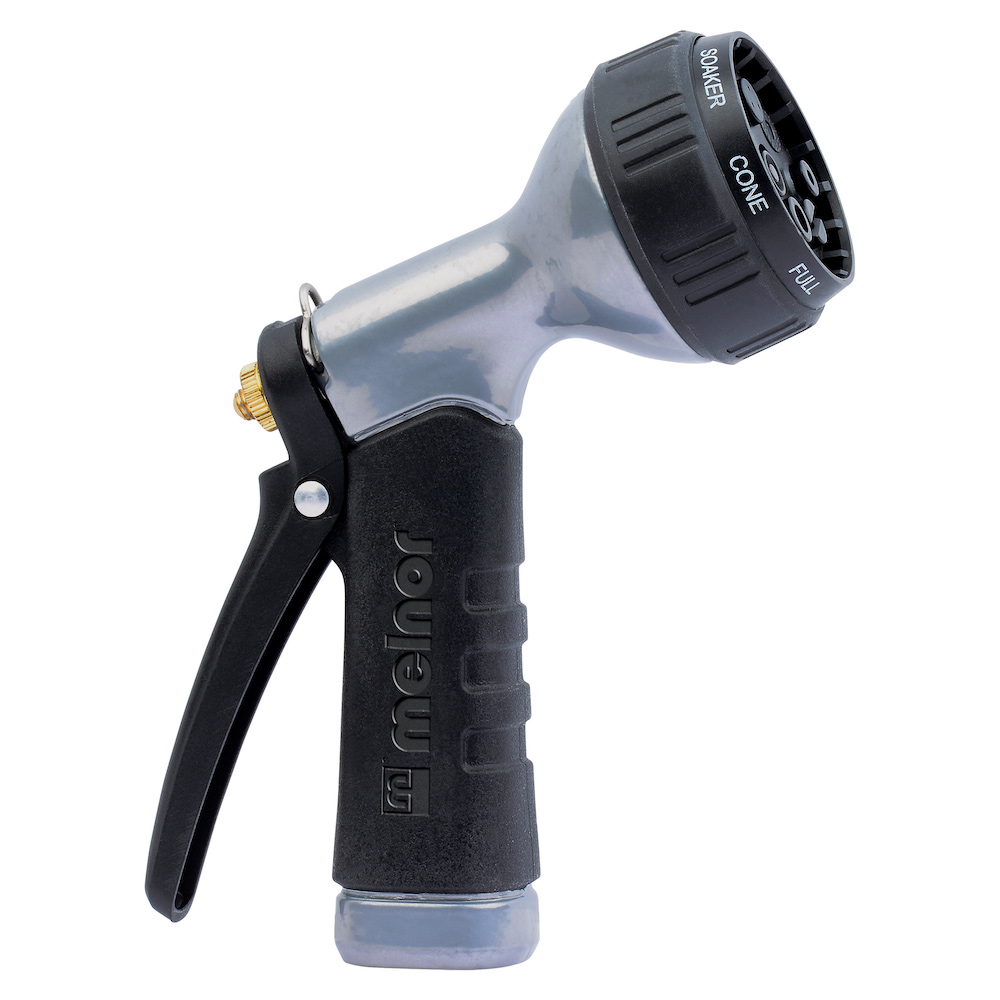 This is a photo of a gray and black handheld garden hose nozzle with a rubber grip and a dial to adjust water spray patterns.