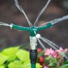 A garden sprinkler waters plants with a spray pattern. Green foliage and colorful flowers are visible.