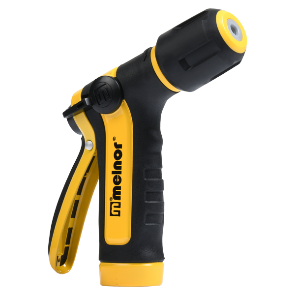 This is a black and yellow garden hose nozzle with a trigger grip, adjustable spray head, and a rubberized comfort handle featuring the brand name 'Melnor'.
