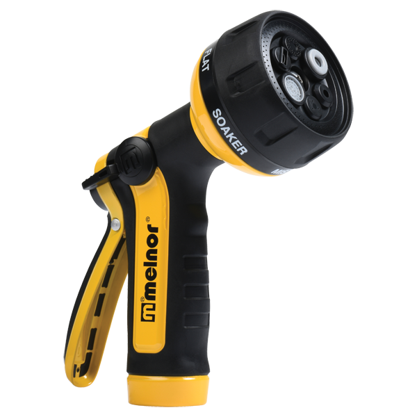 This is an image of a black and yellow garden hose nozzle made by Melnor, featuring a trigger grip handle and an adjustable spray tip.