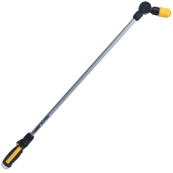 This is an image of a telescopic garden watering lance with a yellow and black handle, adjustable head, and a silver metal extension shaft, isolated on a black background.