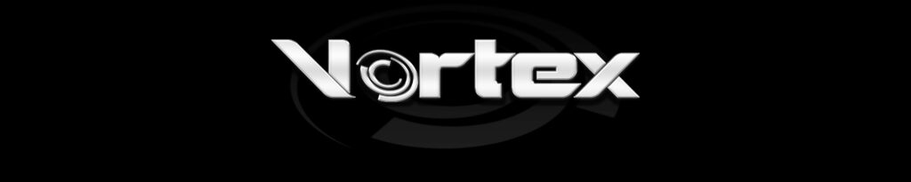 The image features the word "Vortex" in stylized white font centered on a black background, with an abstract swirl design replacing the letter "O."