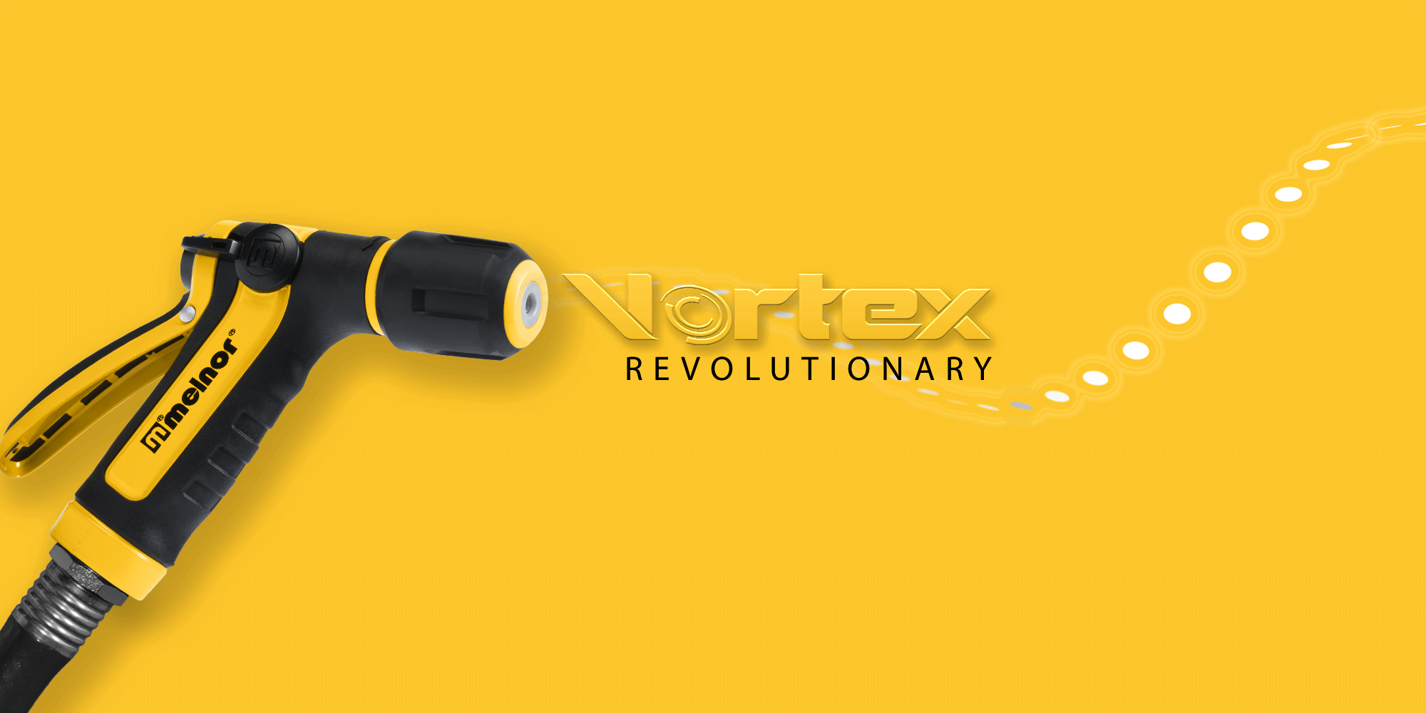 The image shows a black and yellow garden hose nozzle against a vibrant yellow background, with water droplets in motion creating an arc to the right.