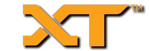 The image shows a bold, stylized, orange letter "X" connected to a letter "T" in capital form against a black background, with a trademark symbol on the upper right.