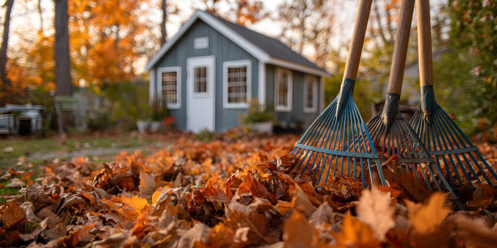 A yard rake and fall leaves in front of a blue storage shed