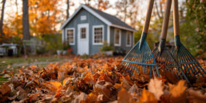 A yard rake and fall leaves in front of a blue storage shed