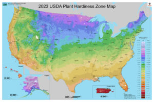 The USDA map of the United States shows hardiness zones color-coded with the lowest temperatures ranging from -60° in pale lavender to 70°F in deep red.