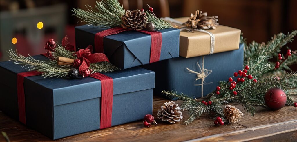 A stack of blue and tan gift boxes decorated with pine cones and evergreen branches.